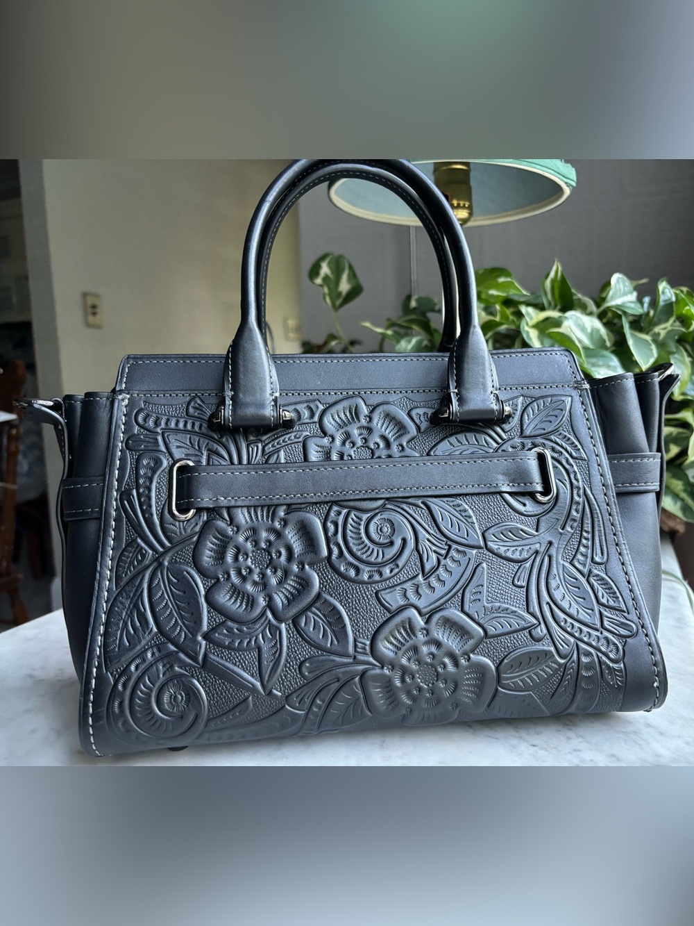 Coach Black Floral-Appliqué Leather Swagger 27 with Signature Turnlock - Picture 2 of 16